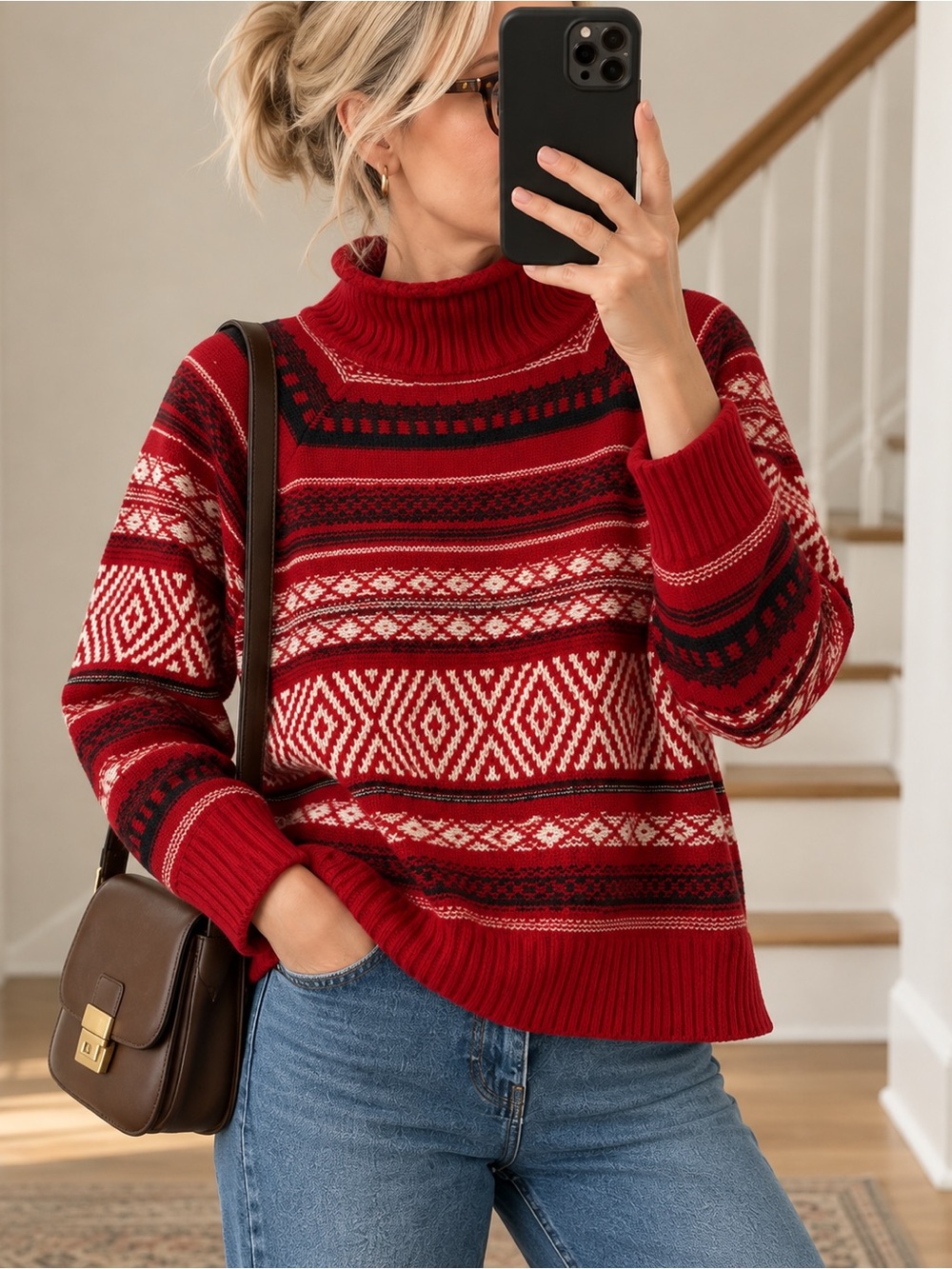Chaps Red Fair Isle Roll Neck Sweater Size M